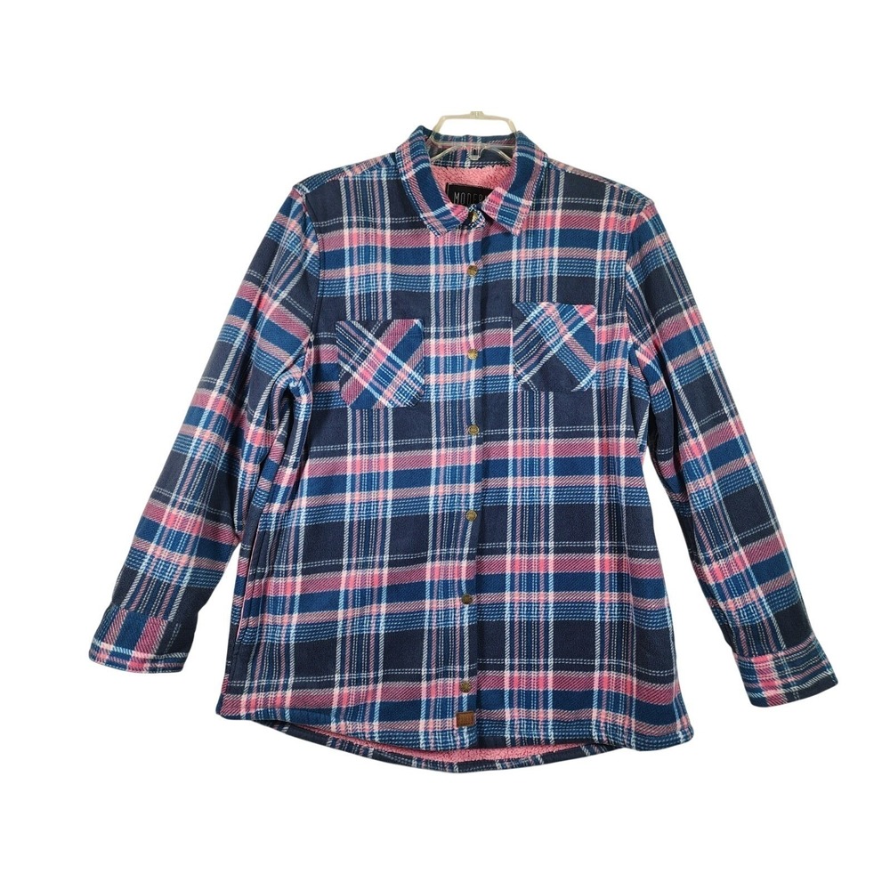 Modern Canvas Women 2XL Sherpa Lined Plaid Shacket Pink Blue Fleece Rustic Cozy
